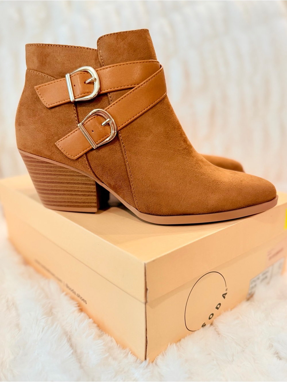 Soda Cognac Suede Ankle Booties with Double Buckle Straps